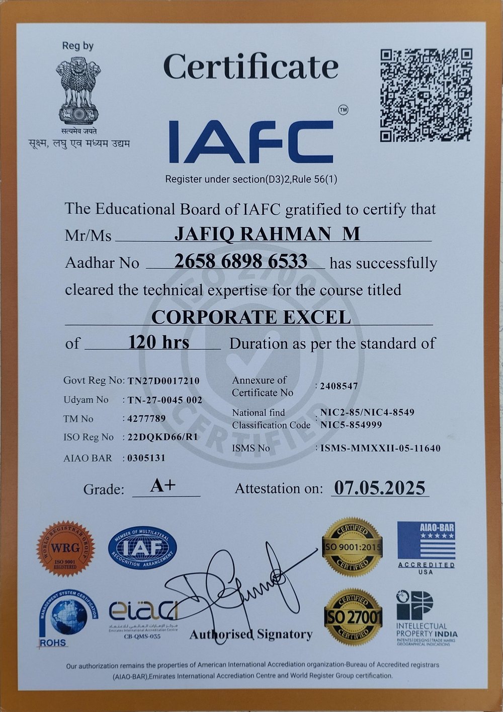 Corporate Excel certificate