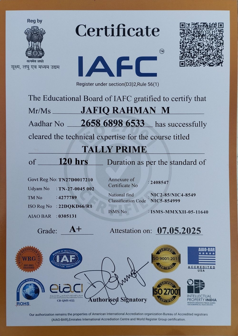 Tally Prime certificate