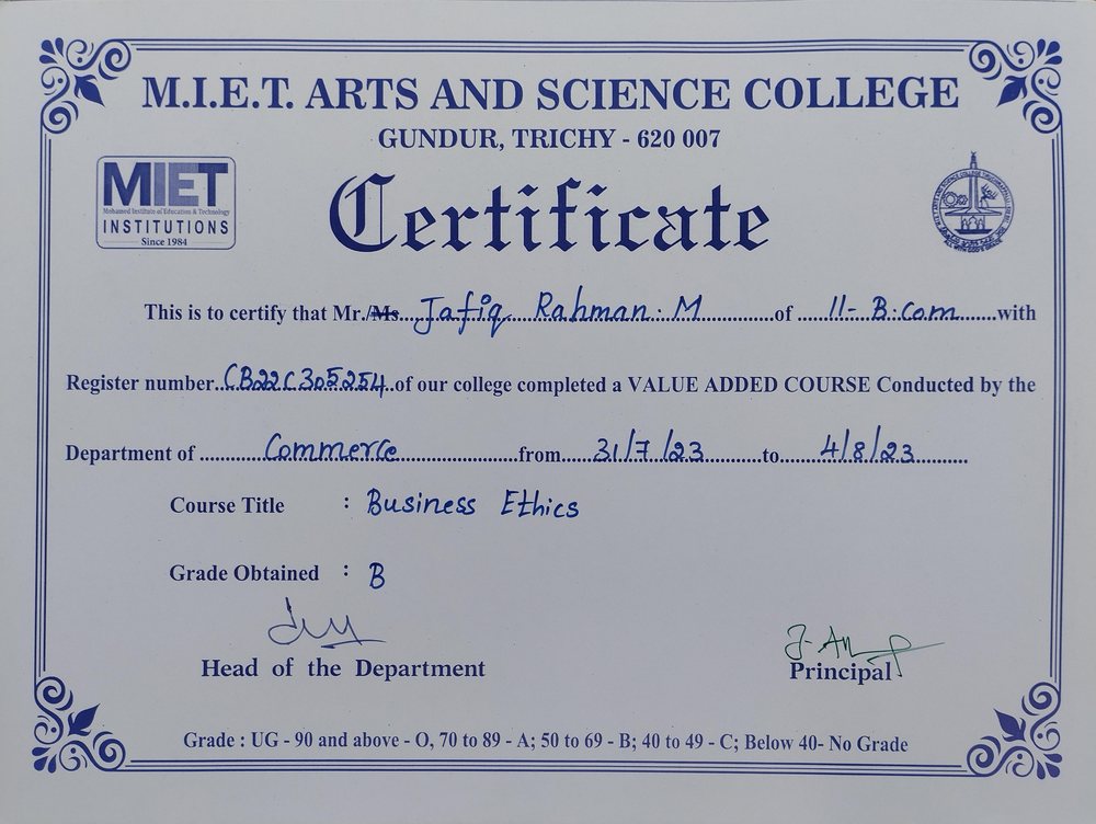 Business Ethics certificate