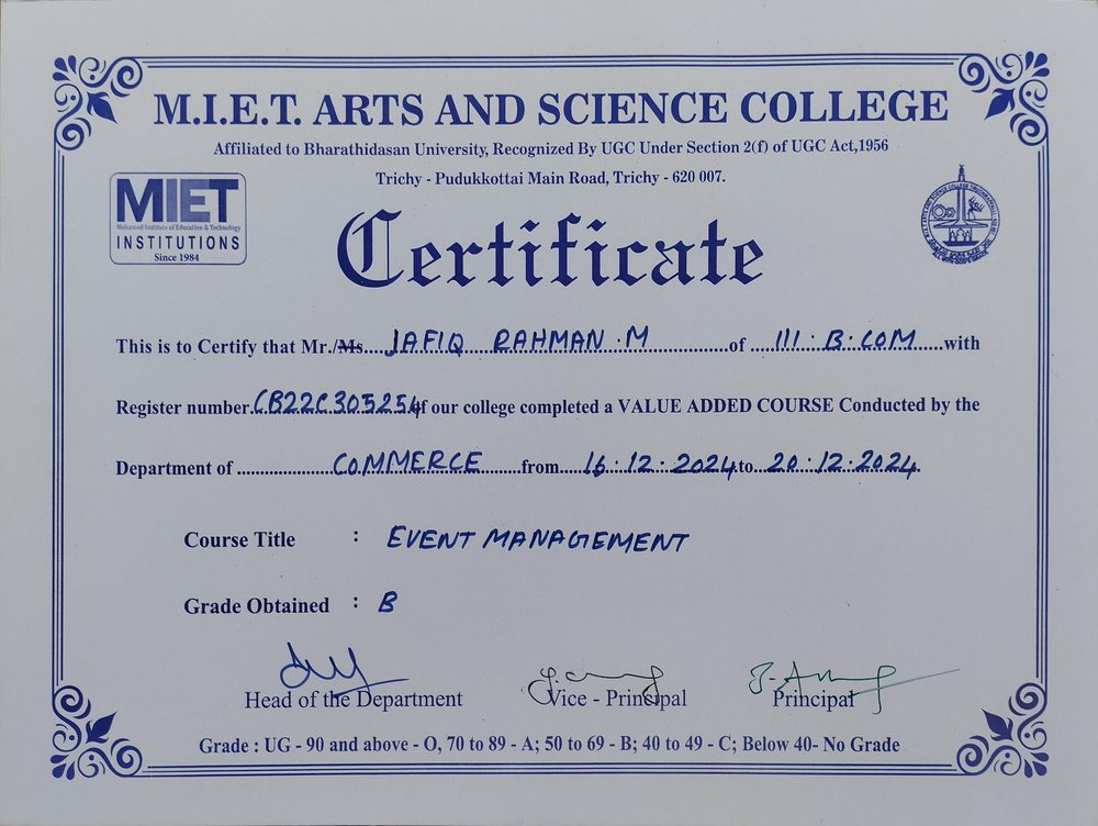 Event Management certificate